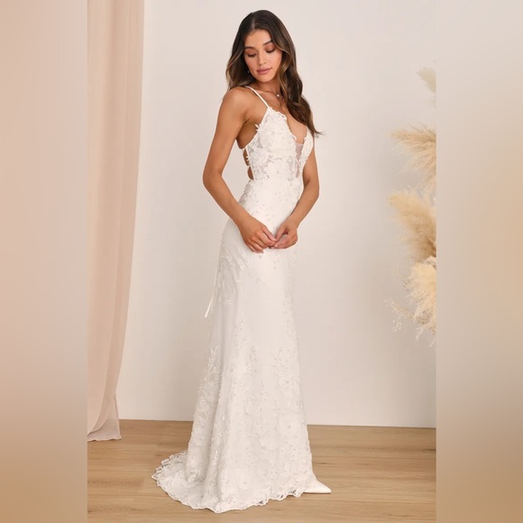 Enchanting Eternity Ivory Pearl Lace-Up Backless Maxi Dress - Picture 2 of 4